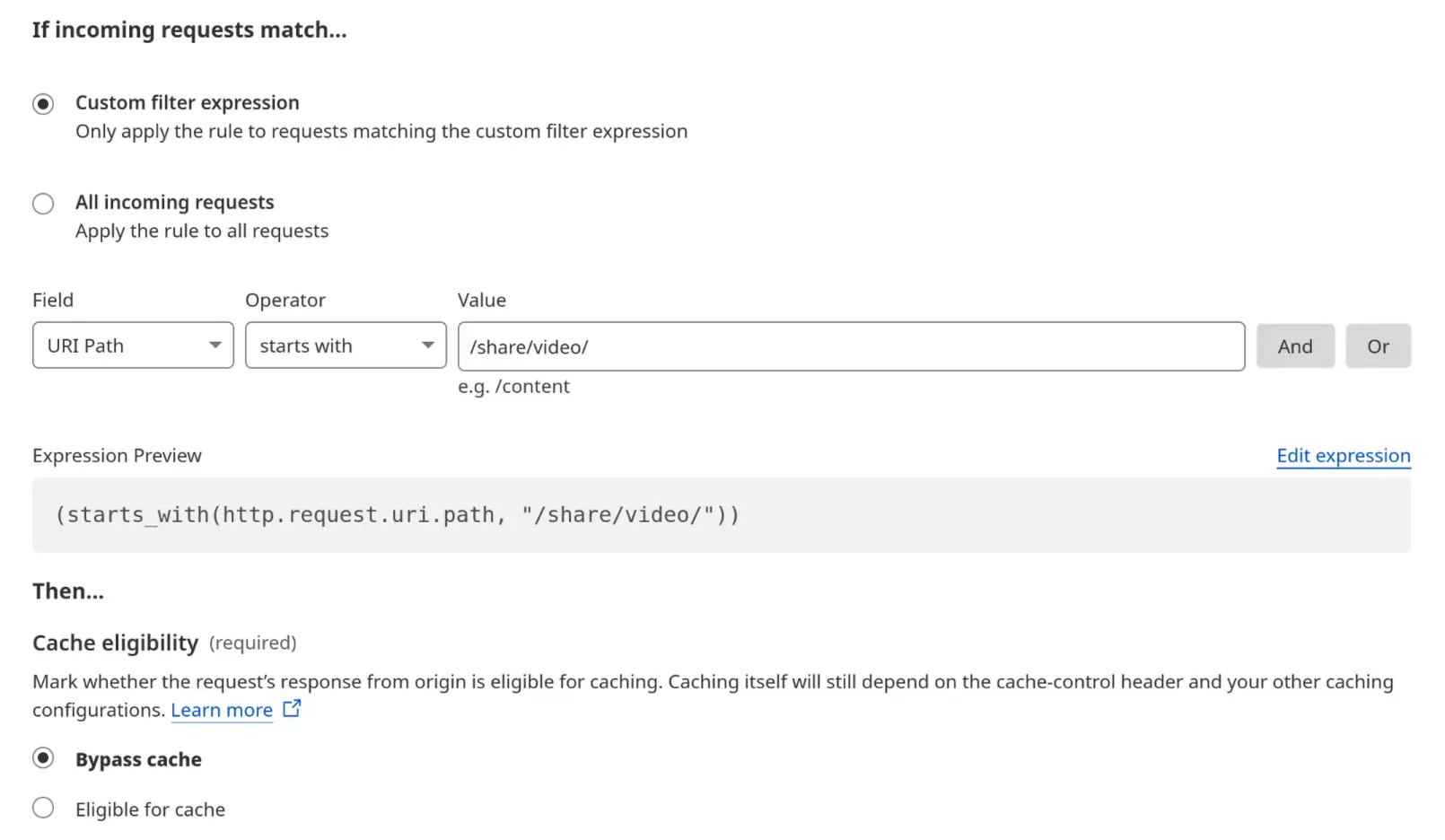 Cloudflare cache bypass rule for video paths
